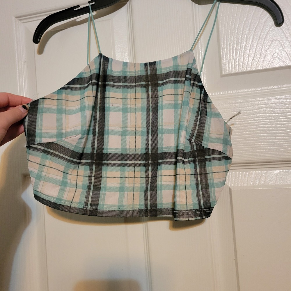 Papaya Womens Teal White Plaid Cropped Cami Top Spaghetti Strap High Neck L